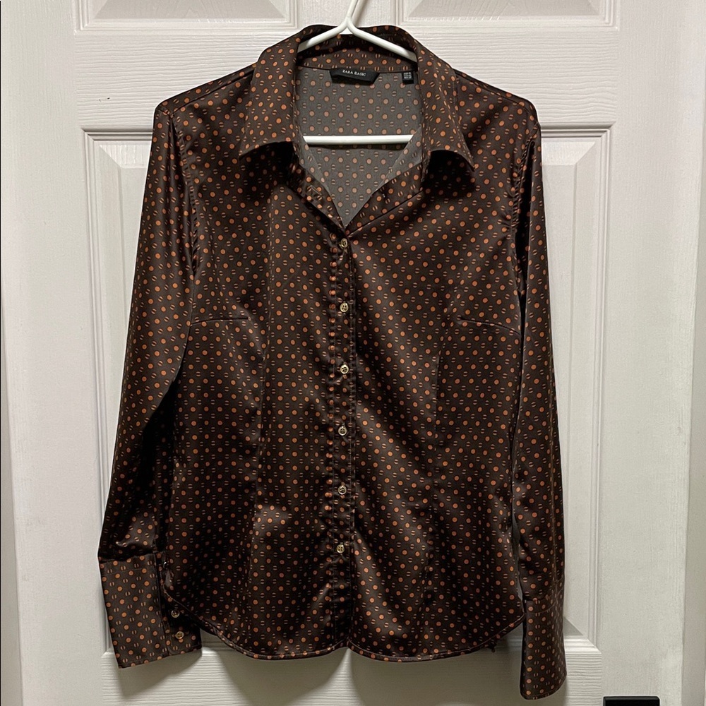 Zara | Basic | Polka Dot | Button-Down | Collared |Blouse |Brown/Orange |Size XL